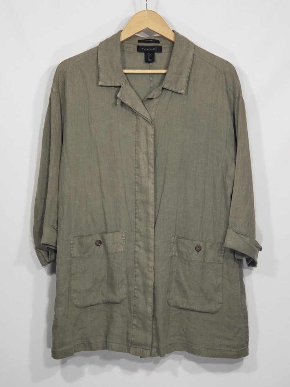 Tahari Linen Olive Green Tunic Blouse Women's Small lagenlook